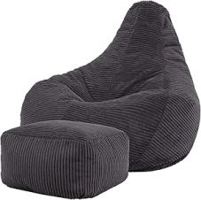 Icon Dalton Pouf con sgabello, grigio scuro, poltrona a sacco, poltrona a sacco in corda, poltrona a sacco per adulti con imbottitura, poltrona lounge, poltrona a sacco per camera da letto, poltrona a sacco per soggiorno