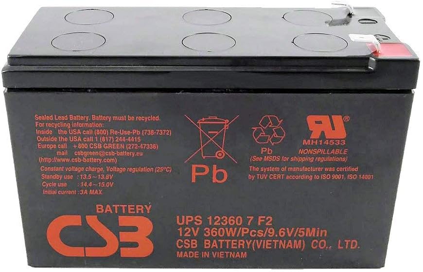 CSB UPS123607F2, Batteria AGM ermetica ricaricabile al piombo 12v 360W per UPS, Faston 6,3mm.
