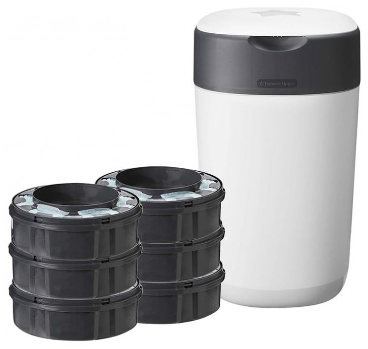 Tommee Tippee Twist & Click Cestino per Pannolini + 6 Ricariche è un bidone con un sistema rivoluzionario che gira e si impacchetta per una protezione dagli odori imbattibile. L'esclusivo sistema a stantuffo spinge ogni pannolino nel cestino. La pellicola antibatterica combatte i germi ed elimina il 99% dei microbi pericolosi come l'E. Coli e lo Staphylococcus. Coli e Staphylococcus aureus.
 
Un movimento rotatorio dell'impugnatura avvolge ermeticamente ogni pannolino in una pellicola antibatterica a più spessori che trattiene gli odori bloccando la degradazione delle proteine da parte dei batteri. Scatta quando il pannolino è avvolto. Può contenere fino a 28 pannolini per ridurre il numero di viaggi verso il bidone esterno. La maniglia lo rende facile da trasportare per svuotarlo. Inoltre, consente di risparmiare spazio grazie al coperchio piatto che si apre facilmente contro una parete. 
 
Il contenitore per pannolini Twist & Click e le relative ricariche sono realizzati al 100% in plastica riciclata.