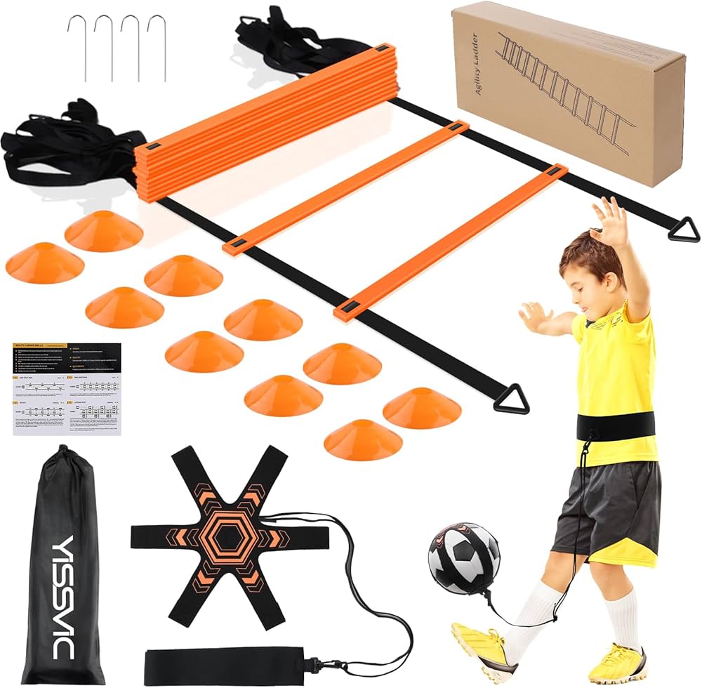 Yissvic Accessori per allenamento di calcio Scala di coordinazione per bambini Scala di allenamento per ragazzi con 10 coni Set di allenamento di calcio Attrezzatura Accessori con borsa per il trasporto per basket Calcio 6 m