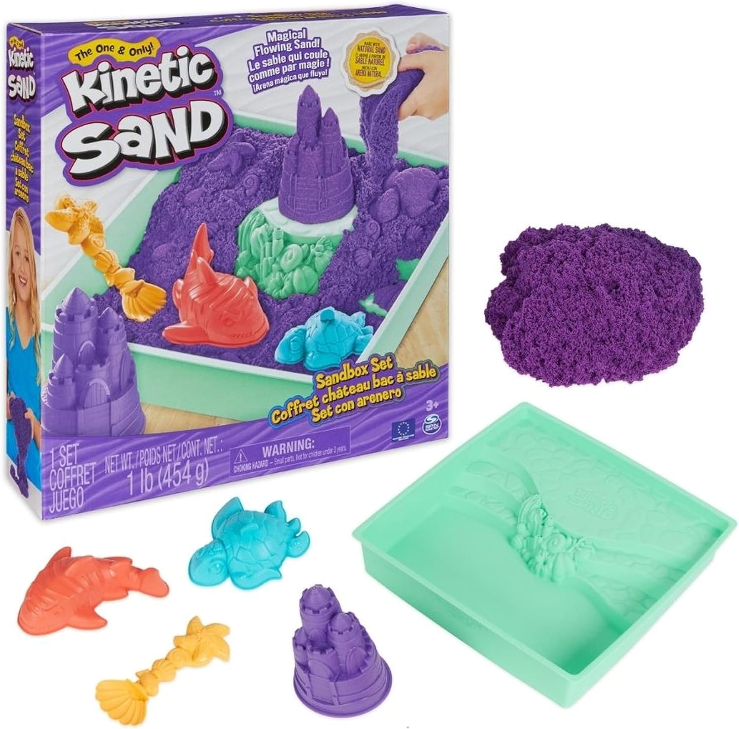 Kinetic Sand, Playset Castelli di Sabbia Blu, Sabbia Cinetica con Vaschetta, Sabbia Magica, Sabbia Blu 454gr, 3 Formine Incluse, Giocattoli per Bambini e Bambine, 3+ AnniBambine, 3+ Anni