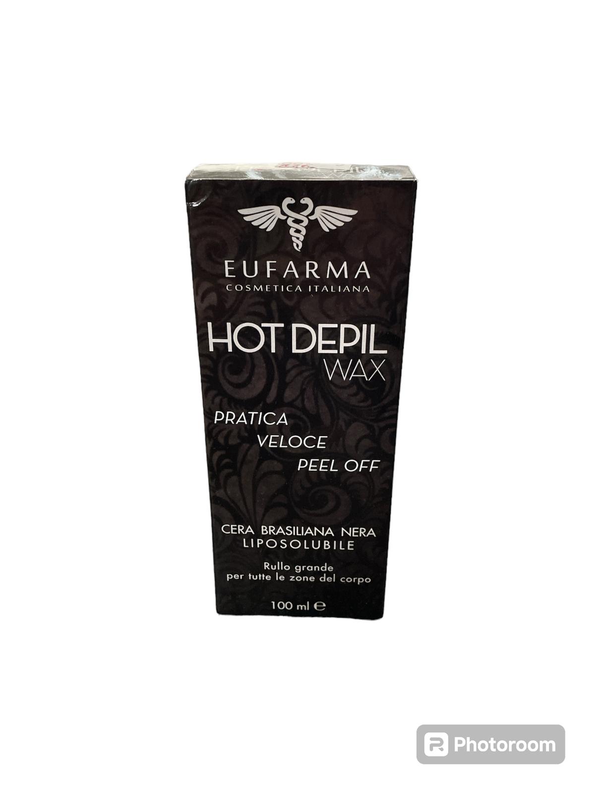 eufarma cosmetica italiana hot depil wax 100ml pratica veloce peel off cera brasiliana nera liposolubile rullo grande per tutte le zone del corpo
