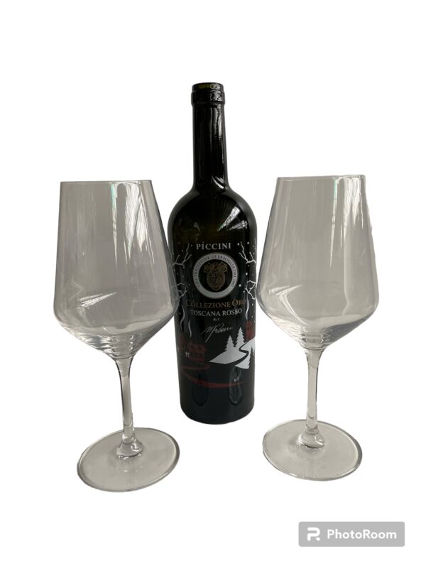 box natale 2 calici vino rosso e bottiglia collezione oro toscana linea egizia filo d'oro