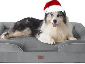 BEDSURE Letto ortopedico per cani, divano ergonomico per cani, 106 x 80 cm, divano per cani con schiuma di cartone delle uova per cani di grossa taglia, lavabile, letti per cani antiscivolo, grigio scuro