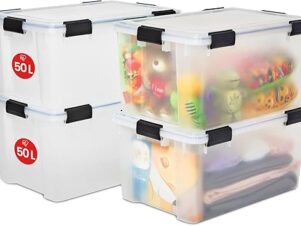 Iris Ohyama Box, Organizer in plastica, 50 litri, impilabile, maniglia a clip, per garage, cantina, soffitta, scatola ermetica AT-L, trasparente, set da 4 (TAPPI CREPATI)