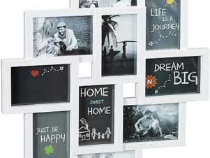 Relaxdays Cornice Collage per 10 Foto Formato Verticale o Orizzontale Cornice da Parete in Plastica HxL 55 x 50 cm Bianco